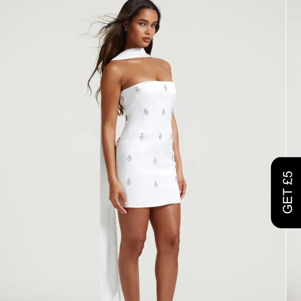 Celeste crystal detail white mini dress with scarf neck detail